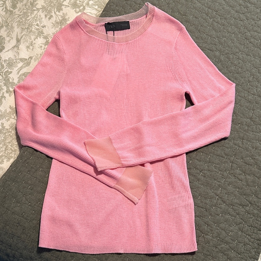 Zara Pastel Pink Ribbed Long Sleeve Top